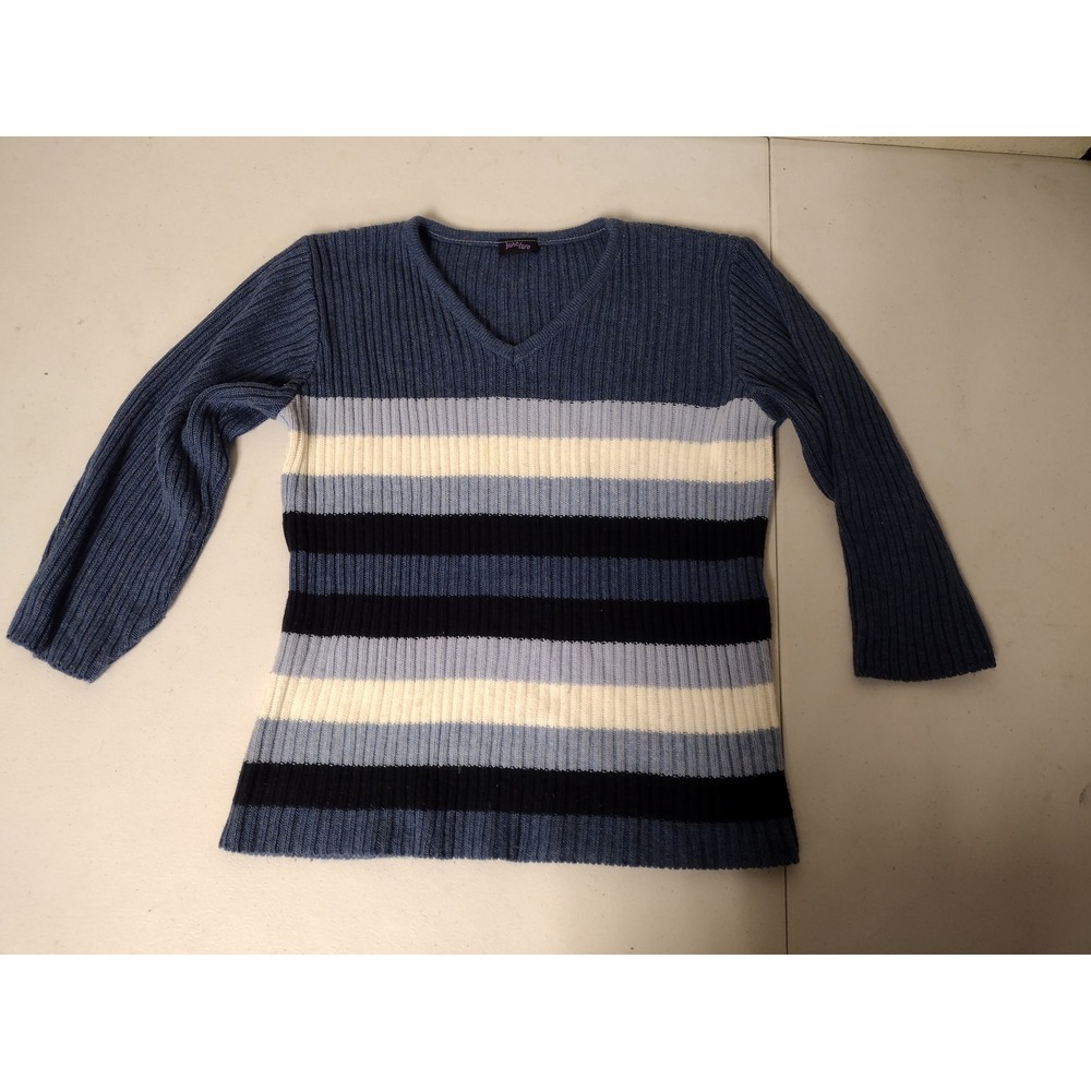 Juncture Womens Blue Striped Ribbed V-Neck Knit‎ Sweater Long Sleeve Size M